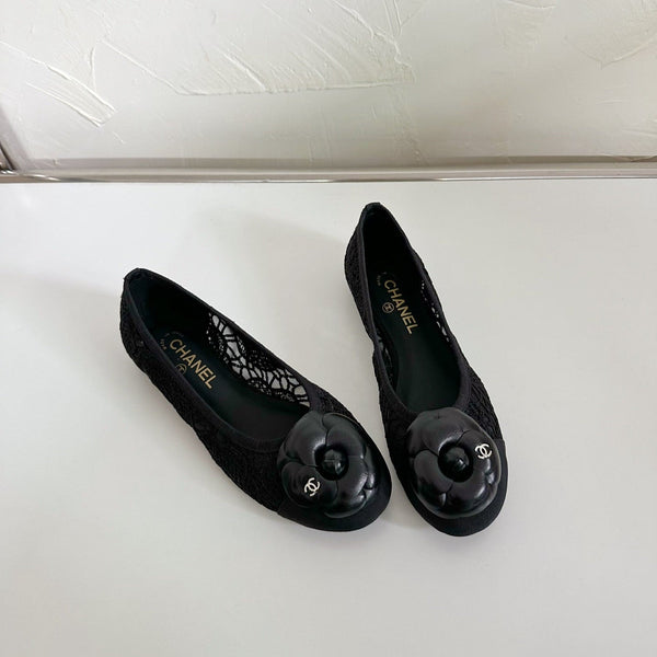 Ballet Flats Black Tweed Grosgrain Flower