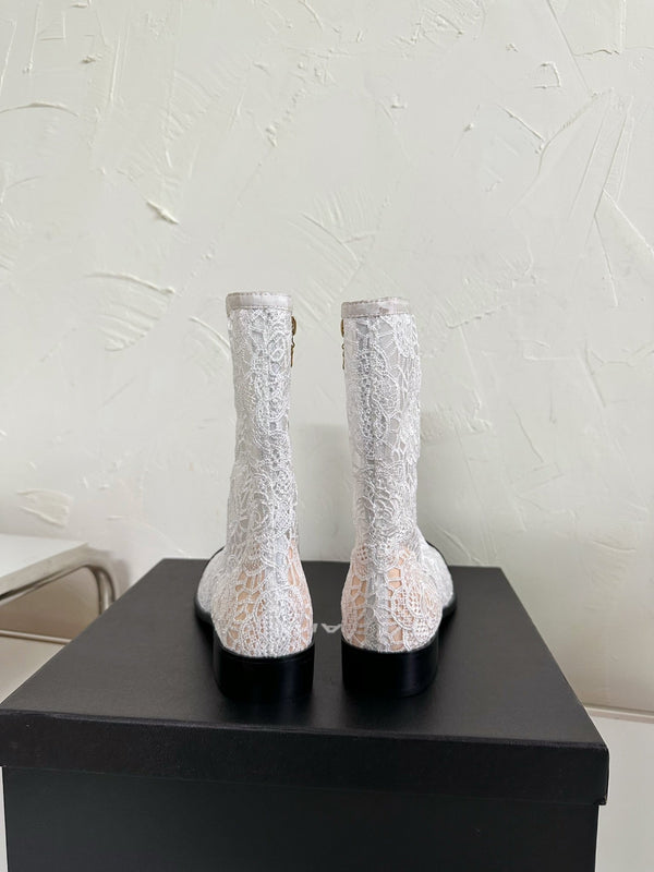 CC Boots Flower White Lace Mesh Black Grosgrain