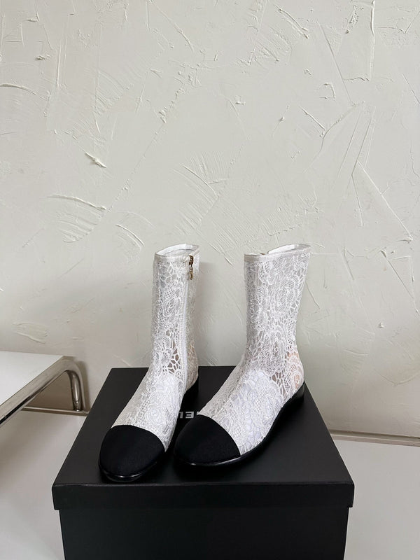 CC Boots Flower White Lace Mesh Black Grosgrain