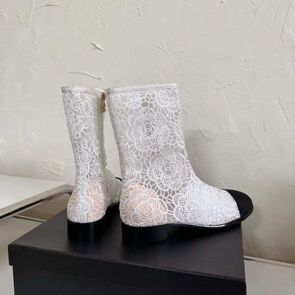 CC Boots Flower White Lace Mesh Black Grosgrain