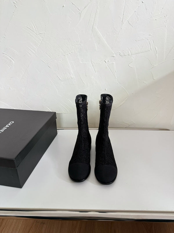 CC Boots Flower Black Lace Mesh Grosgrain