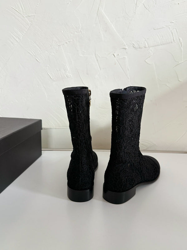 CC Boots Flower Black Lace Mesh Grosgrain