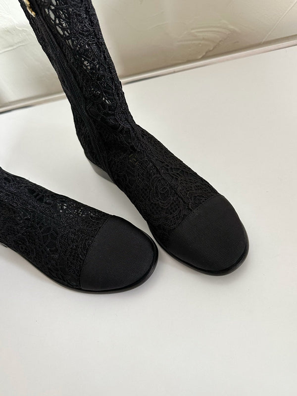 CC Boots Flower Black Lace Mesh Grosgrain