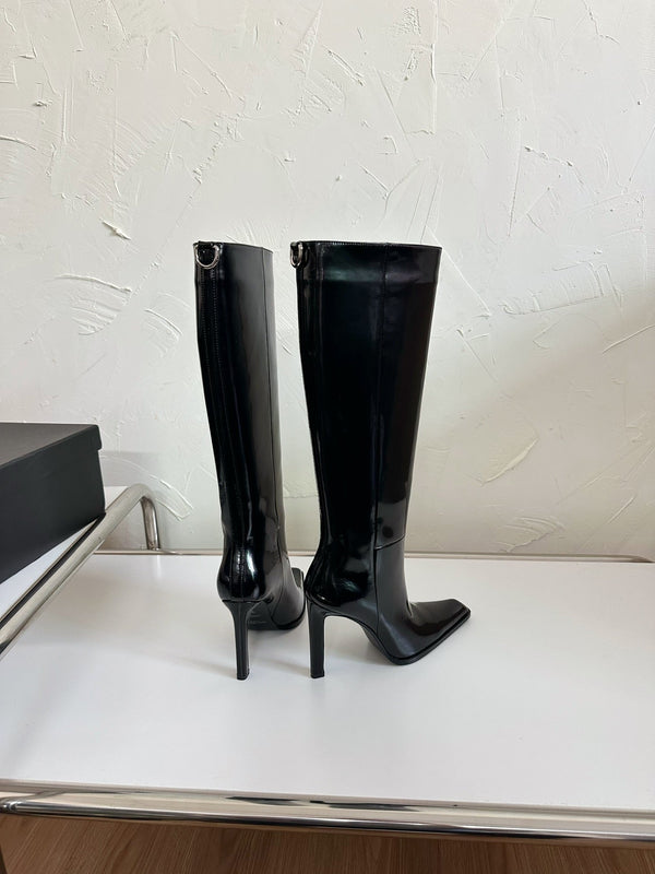 HIGH HEEL KNEE BOOTS IN BLACK SHINY CALFSKIN