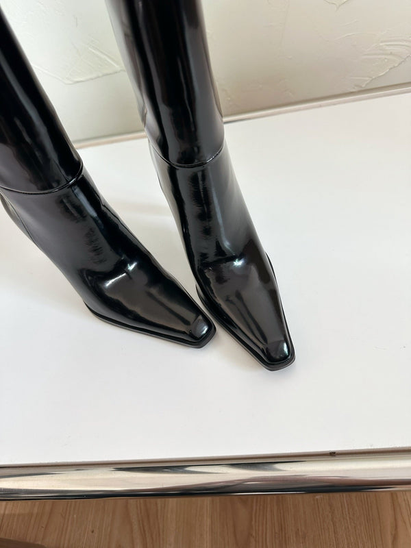 HIGH HEEL KNEE BOOTS IN BLACK SHINY CALFSKIN