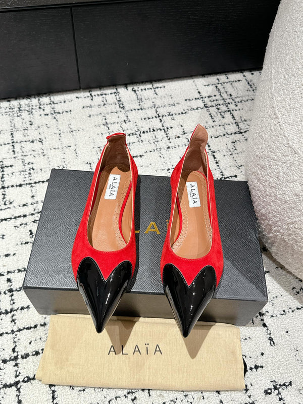ALAIA PUMP 1 CM IN CHERRY RED SUEDE MIX BLACK CALFSKIN