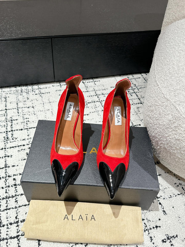 ALAIA HIGH PUMPS 10CM IN CHERRY RED SUEDE MIX BLACK CALFSKIN