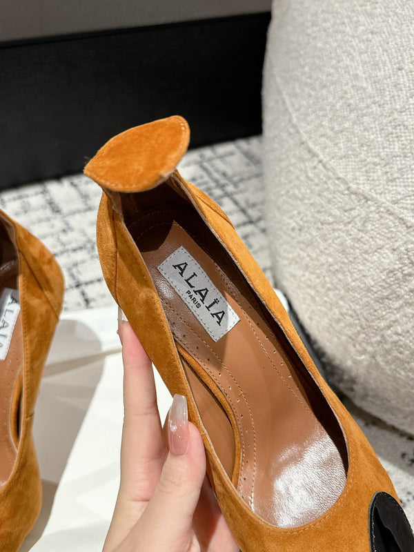 ALAIA HIGH PUMPS 10CM IN COPPER BROWN SUEDE MIX BLACK CALFSKIN