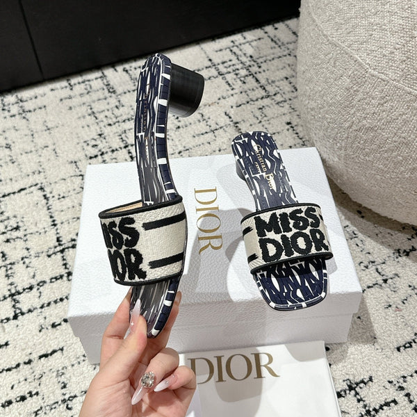 CD Dway Heeled Slide Deep Blue Mix Black White Embroidered Cotton