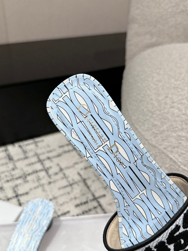 CD Dway Heeled Slide Blue Black Embroidered Cotton