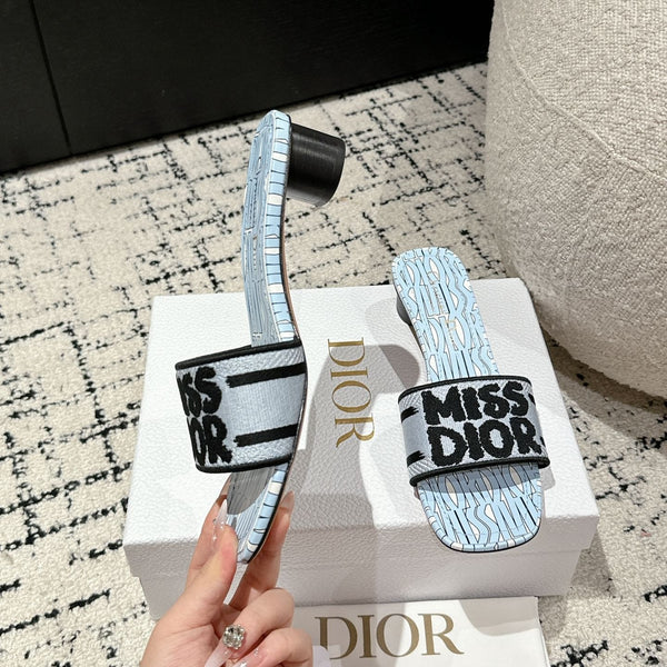 CD Dway Heeled Slide Blue Black Embroidered Cotton