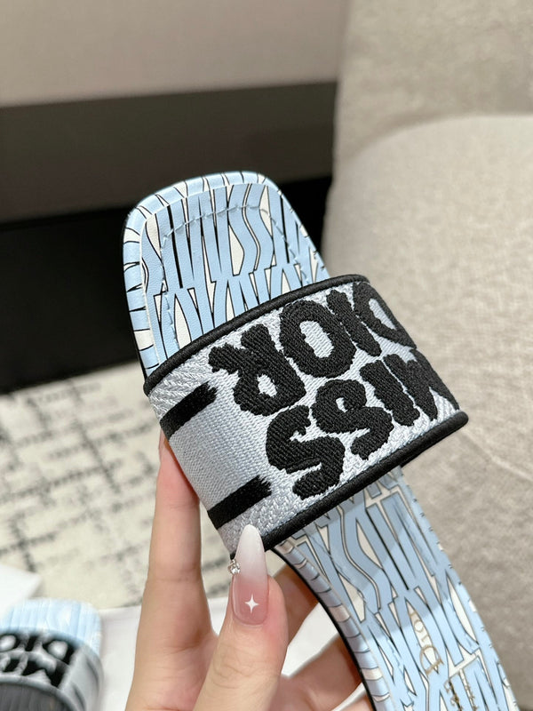 CD Dway Heeled Slide Blue Black Embroidered Cotton