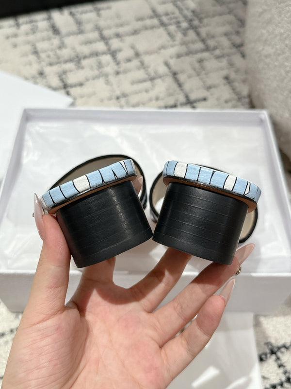 CD Dway Heeled Slide Blue Black Embroidered Cotton