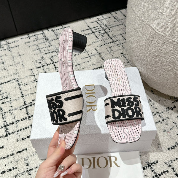 CD Dway Heeled Slide Light Pink Black Embroidered Cotton