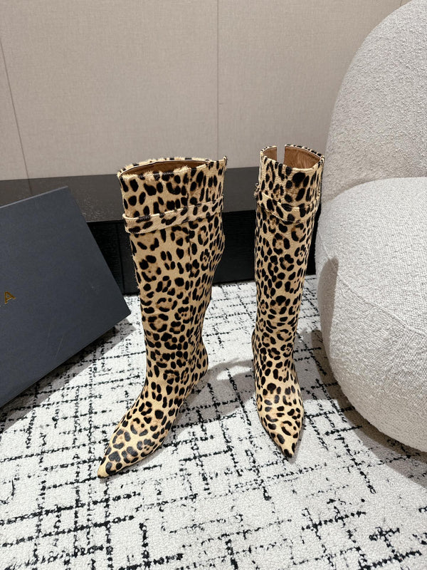 Alaila High Boots 60mm In Light Yellow Calfskin Horsehair Leopard Print 916740