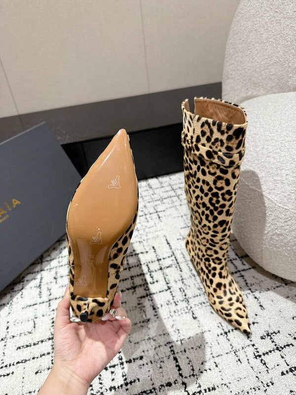 Alaila High Boots 60mm In Light Yellow Calfskin Horsehair Leopard Print 916740