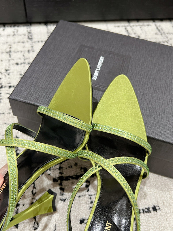 HIGH CRYSTAL STRAP SANDALS IN PEAR GREEN SILK
