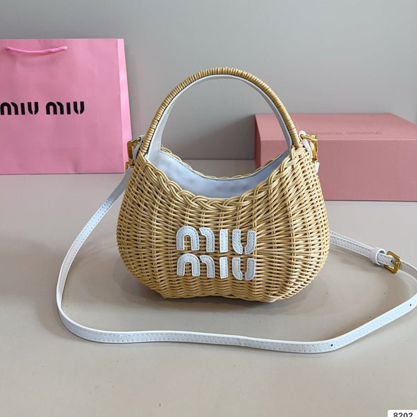 WANDER WICKER HOBO BAG 13 IN TAN BROWN HANDWOVEN WITH WHITE CALFSKIN LOGO