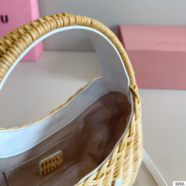 WANDER WICKER HOBO BAG 13 IN TAN BROWN HANDWOVEN WITH WHITE CALFSKIN LOGO