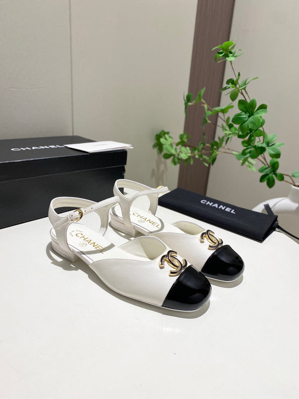 CC 25P Double-Buckle Mary Jane Sandals Black White Sheepskin 466992