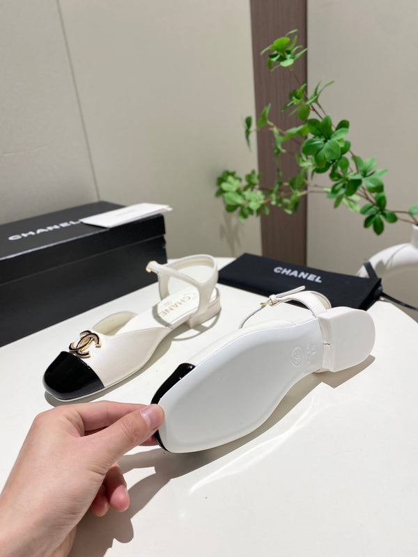 CC 25P Double-Buckle Mary Jane Sandals Black White Sheepskin 466992