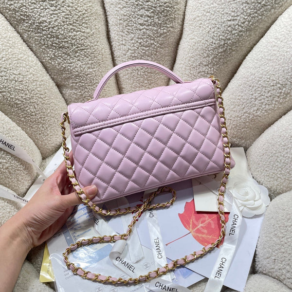 CC 25P Medium Flap Bag 25cm Top Handle Pink Calfskin Gold Hardware