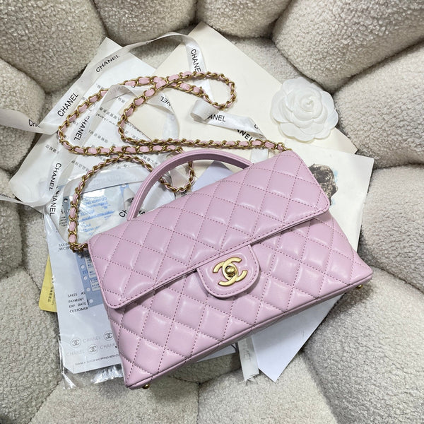 Borsa a tracolla media CC 25P con manico superiore da 25 cm, pelle di vitello rosa, finiture dorate