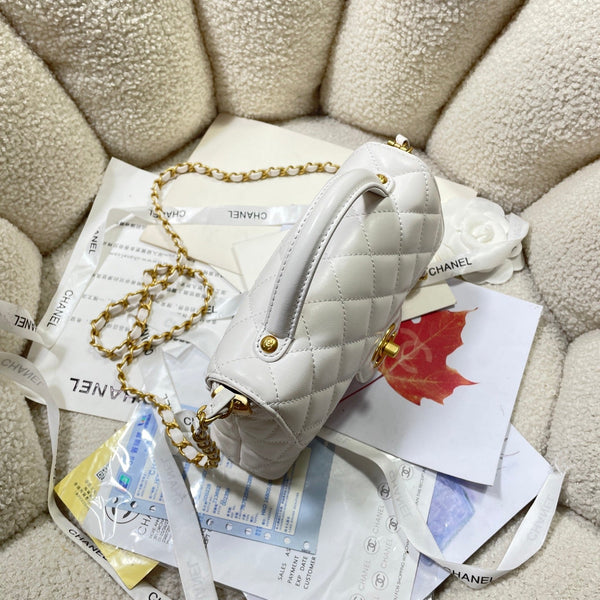 CC 25P Mini Flap Bag 20cm Top Handle Cream Calfskin Gold Hardware