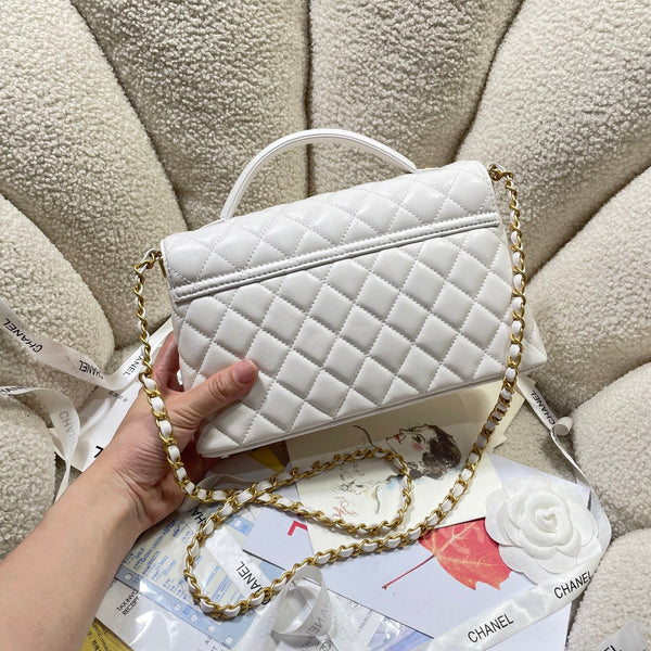 CC 25P Medium Flap Bag 25cm Top Handle Cream Calfskin Gold Hardware