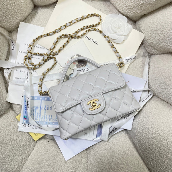 Borsa a tracolla CC 25P Mini con manico superiore da 20 cm, pelle di vitello grigia, finiture dorate