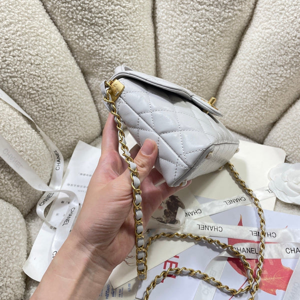 CC 25P Mini Flap Bag 20cm Top Handle Grey Calfskin Gold Hardware