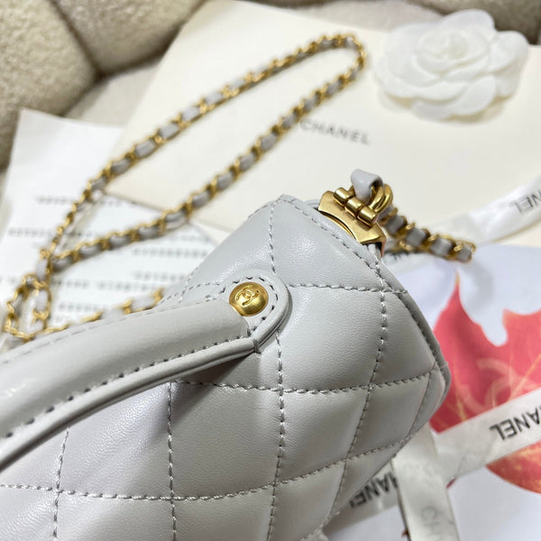 CC 25P Mini Flap Bag 20cm Top Handle Grey Calfskin Gold Hardware