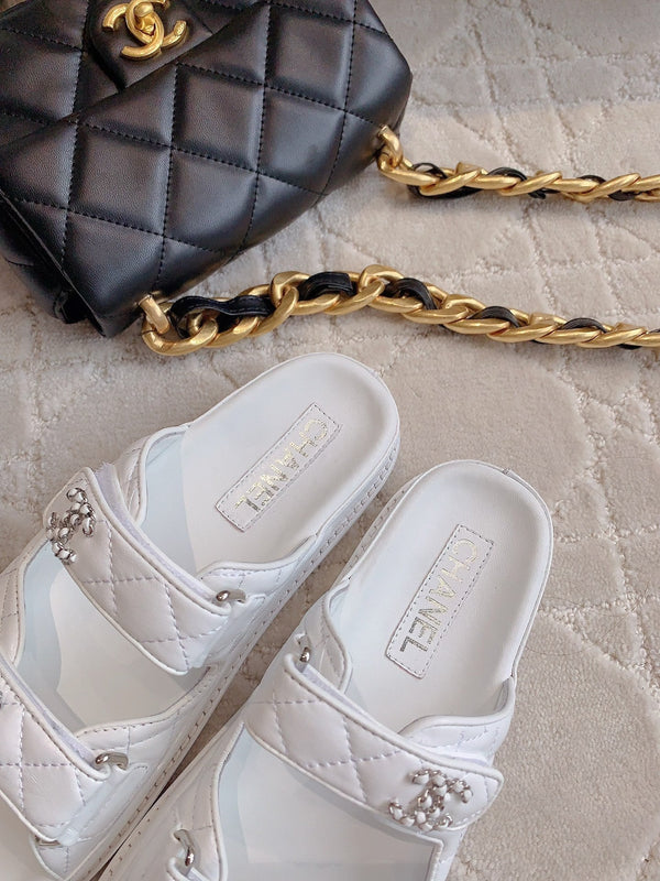 dad sandal mule white lambskin silver buckle