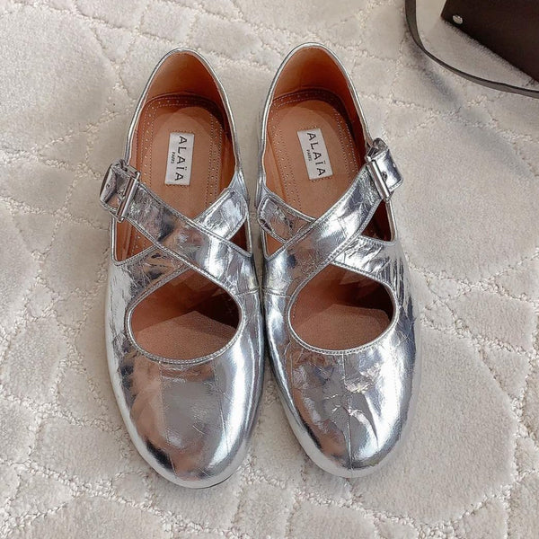 ALAIA CRISS CROSS BALLET FLAT IN SILVER LAMBSKIN