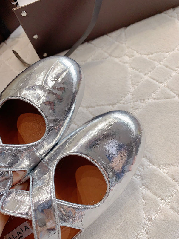 ALAIA CRISS CROSS BALLET FLAT IN SILVER LAMBSKIN