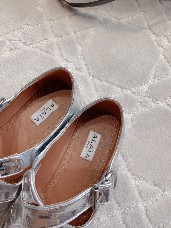 ALAIA CRISS CROSS BALLET FLAT IN SILVER LAMBSKIN