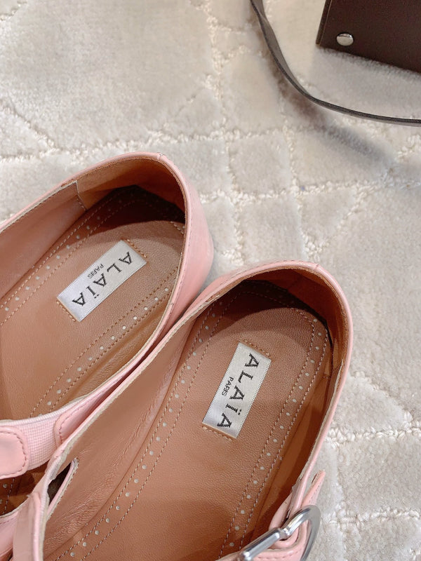 ALAIA CRISS CROSS BALLET FLAT IN BABY PINK LAMBSKIN WITH SILVER HARDWARE