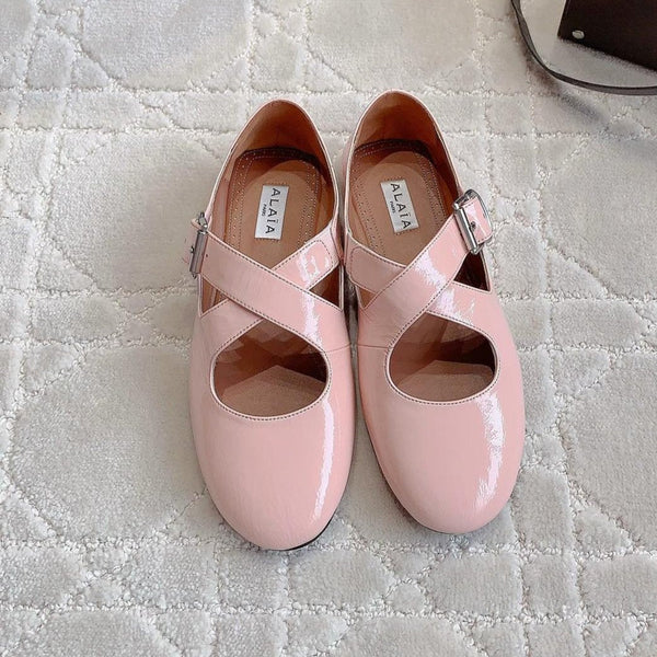 ALAIA CRISS CROSS BALLET FLAT IN BABY PINK LAMBSKIN WITH SILVER HARDWARE