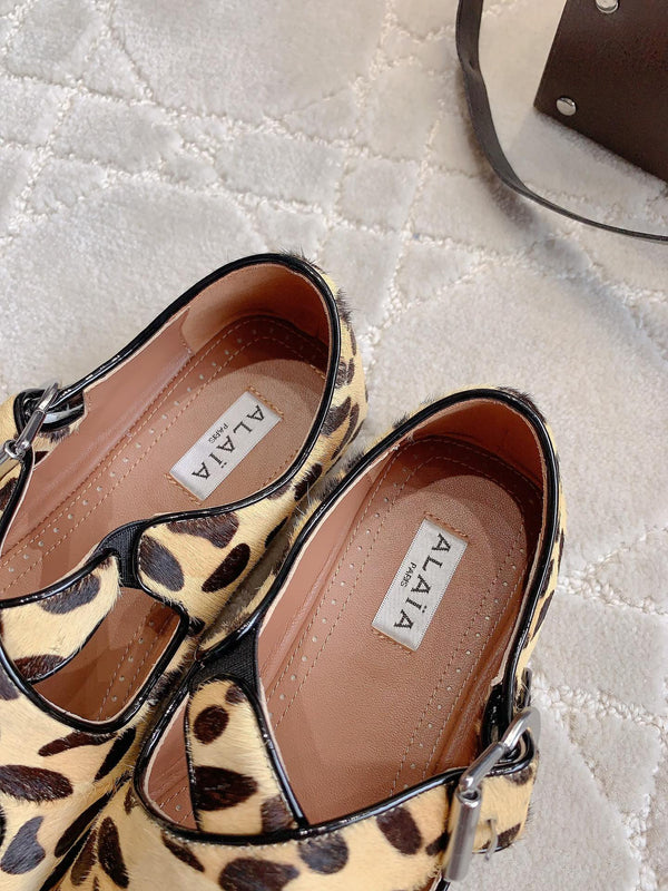 ALAIA CRISS CROSS BALLET FLAT IN LEOPARD LAMBSKIN WITH SILVER HARDWARE