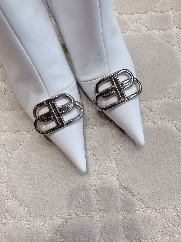 POINTED-TOE HIGH HEEL BOOTS IN WHITE SMOOTH LAMBSKIN
