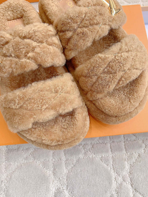 LV Sunset Platform Comfort Mule Light Brown Wool