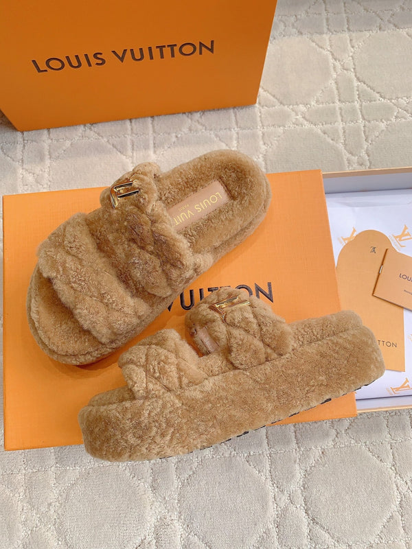 LV Sunset Platform Comfort Mule Light Brown Wool