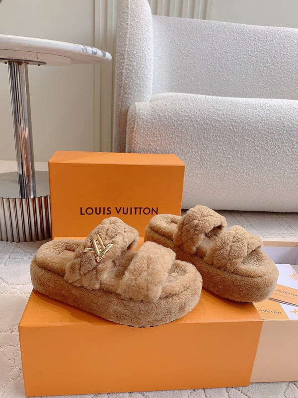 LV Sunset Platform Comfort Mule Light Brown Wool