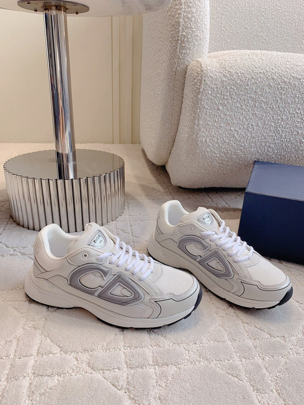 Sneaker CD B30 in tessuto a rete di poliestere e pelle di vitello, beige latte, grigio e nero