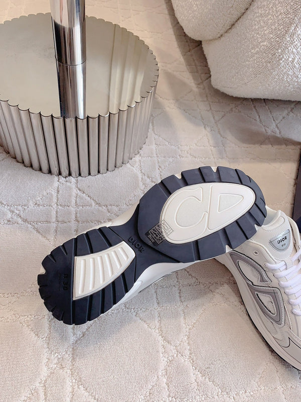 Sneaker CD B30 in tessuto a rete di poliestere e pelle di vitello, beige latte, grigio e nero