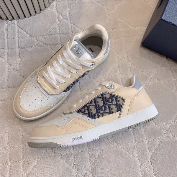 CD B27 Low-Top Sneaker White Beige Mix Charcoal Blue Print Calfskin And Oblique Jacquard