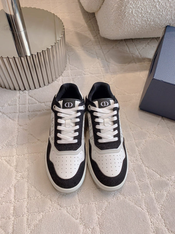 CD B27 Low-Top Sneaker Black White Print Calfskin And Denim Fabric