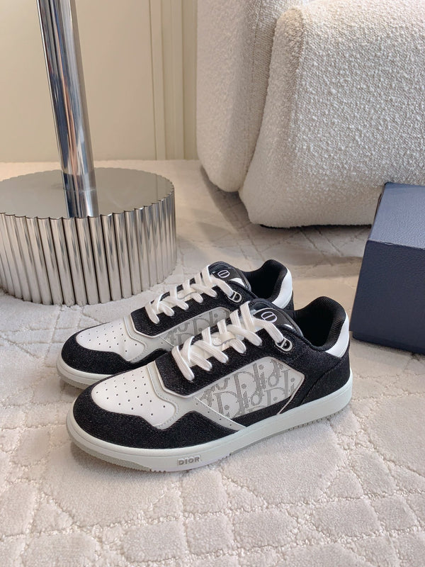 CD B27 Low-Top Sneaker Black White Print Calfskin And Denim Fabric