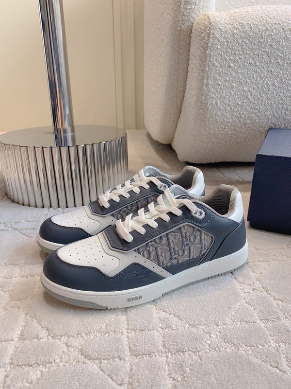 CD B27 Low-Top Sneaker White Charcoal Blue Print Calfskin And Oblique Jacquard Fabric