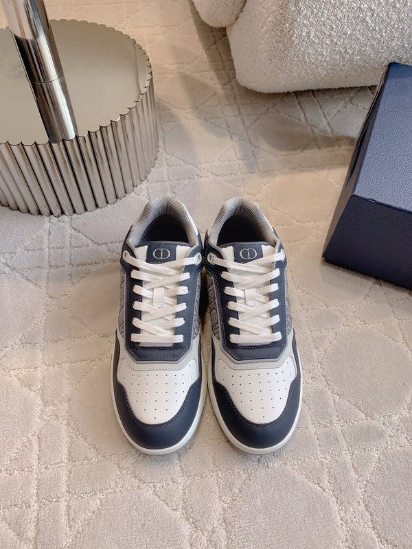 CD B27 Low-Top Sneaker White Charcoal Blue Print Calfskin And Oblique Jacquard Fabric